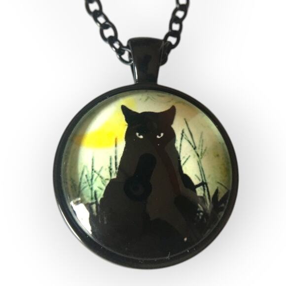 Black Cat crescent moon glow in the dark mystical magical pendant necklace - Picture 1 of 12